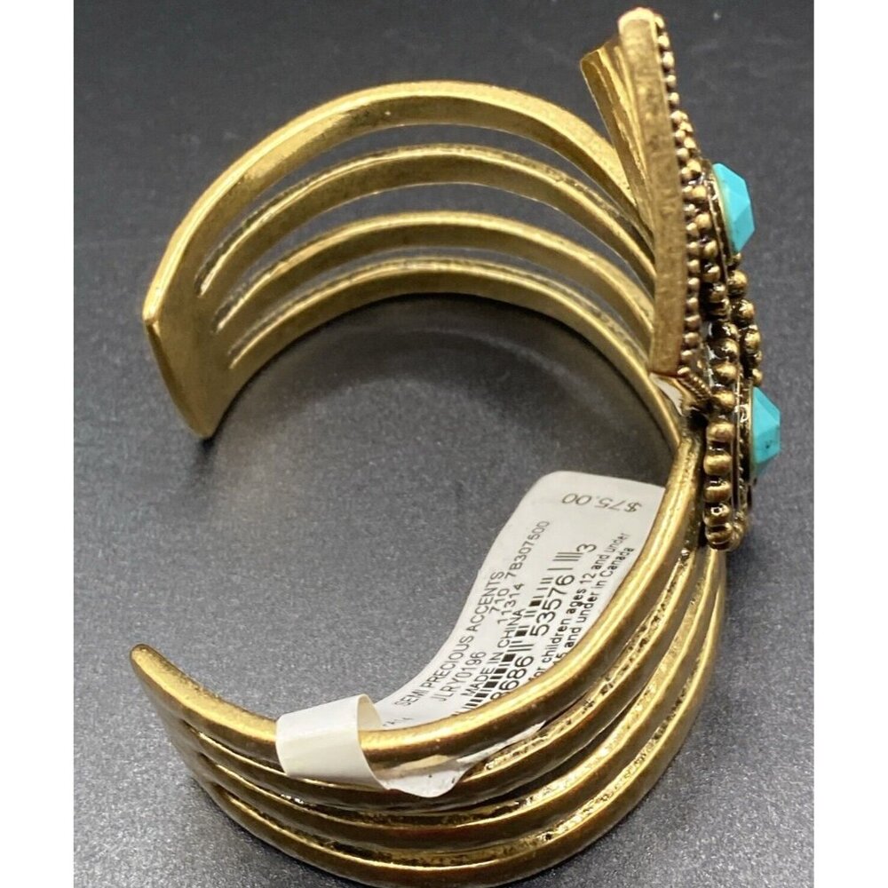 Signed Lucky Brand Bracelet Turquoise Elements Large Cuff Gold Tone NWT Western - Picture 5 of 12